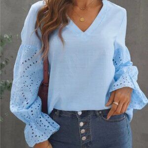 Sky Blue Eyelet V Neck Long Sleeve Blouse - size L